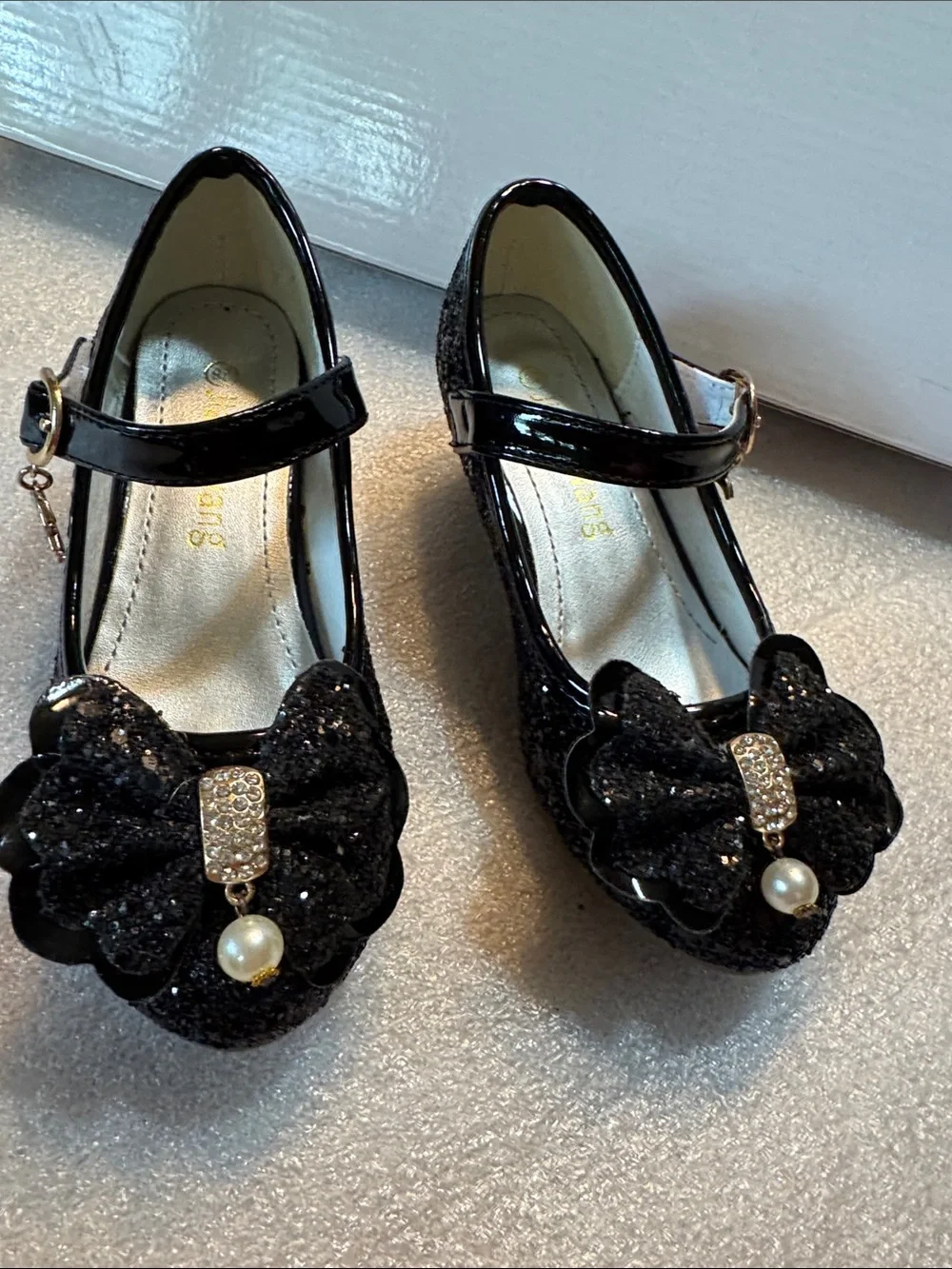 Black Glitter Mary Jane Heels with Bow Detail